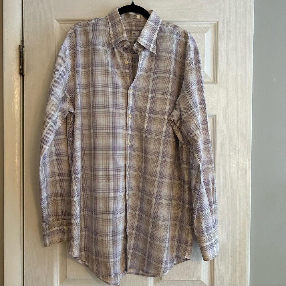 Peter Millar Long Sleeve 100% cotton button down purple tan stripe shirt size L